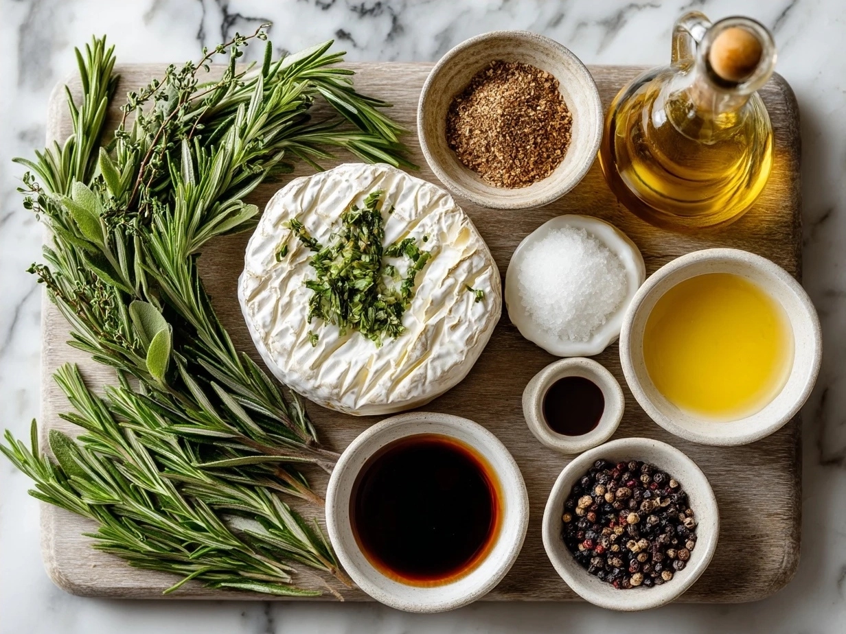 Ingredients for Brie Cheese Wheel with Rosemary Wreath including Brie wheel, fresh rosemary, olive oil, honey and crackers