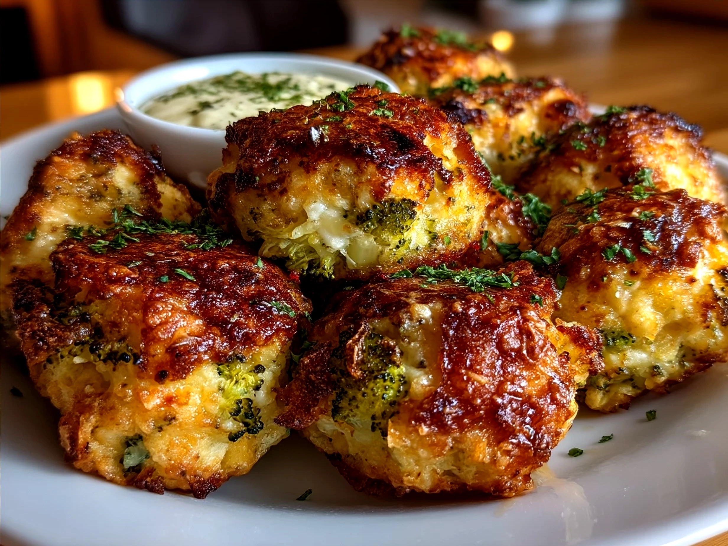 A serving platter of hot and crispy Broccoli Cheese Balls ready to serve