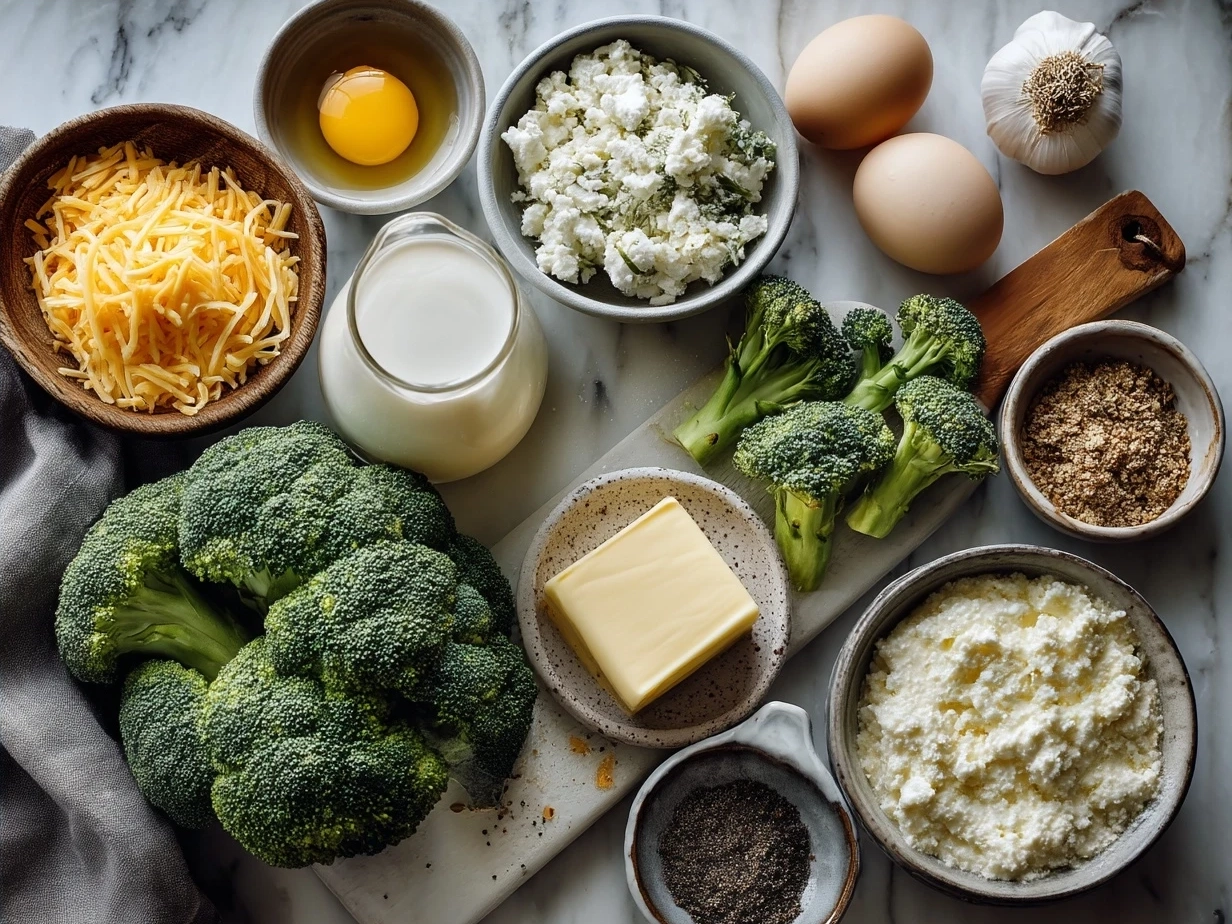 Ingredients for making Broccoli Cheese Balls including broccoli, cheeses, eggs, breadcrumbs, and seasonings