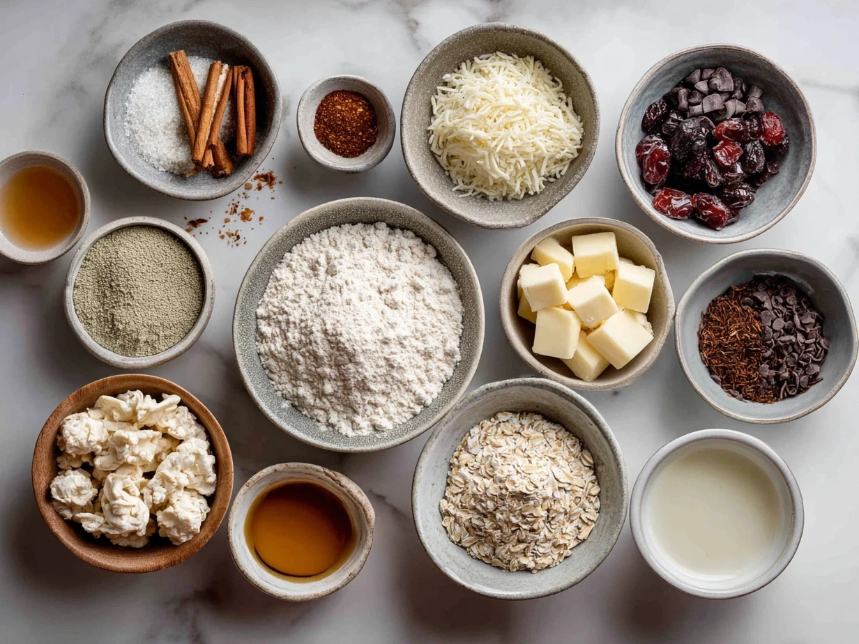 Ingredients for Bunny Bait Snack Mix including Rice Chex, Cheerios, pretzels, peanuts, candy eggs, marshmallows, white chocolate chips, butter, and corn syrup.