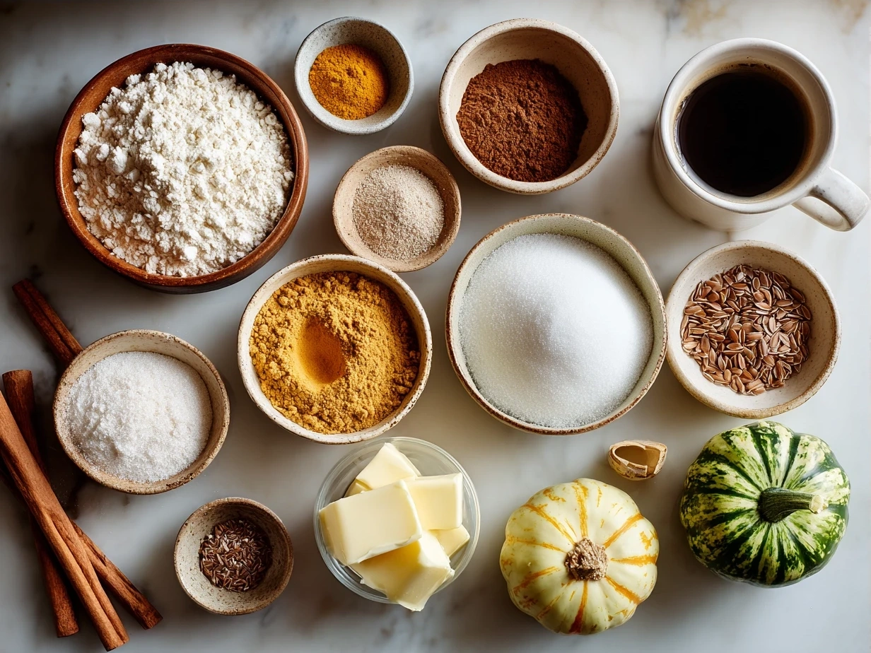 Ingredients for Butternut Squash-Apple Coffee Cake including diced apples, grated squash, spices, brown sugar, and flour