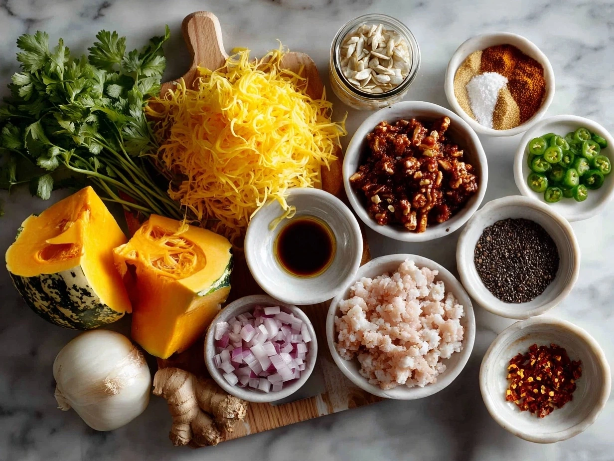 Ingredients for Butternut Squash and Turkey Chili laid out on a kitchen counter