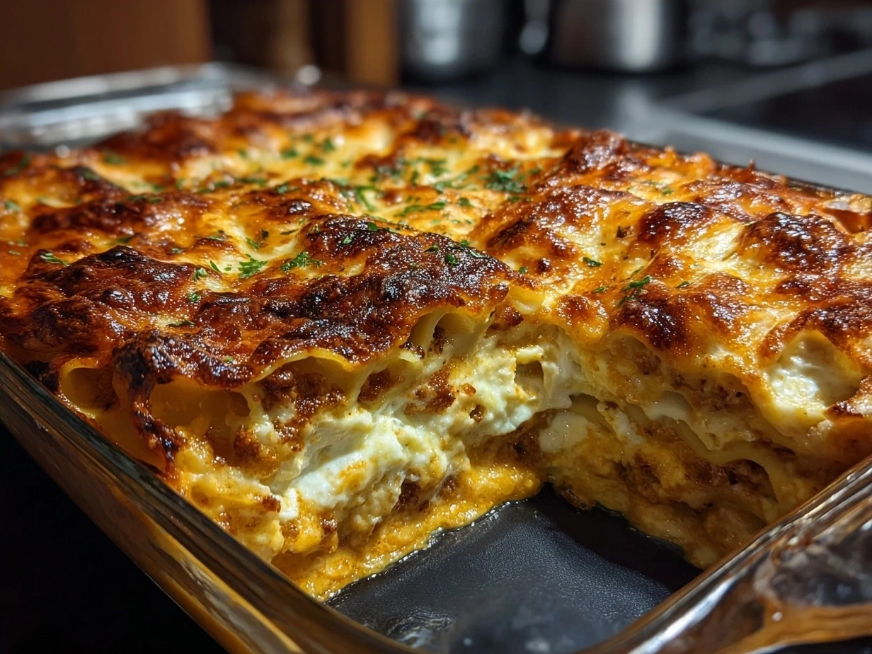Served Butternut Squash Lasagna on a plate garnished with fresh basil