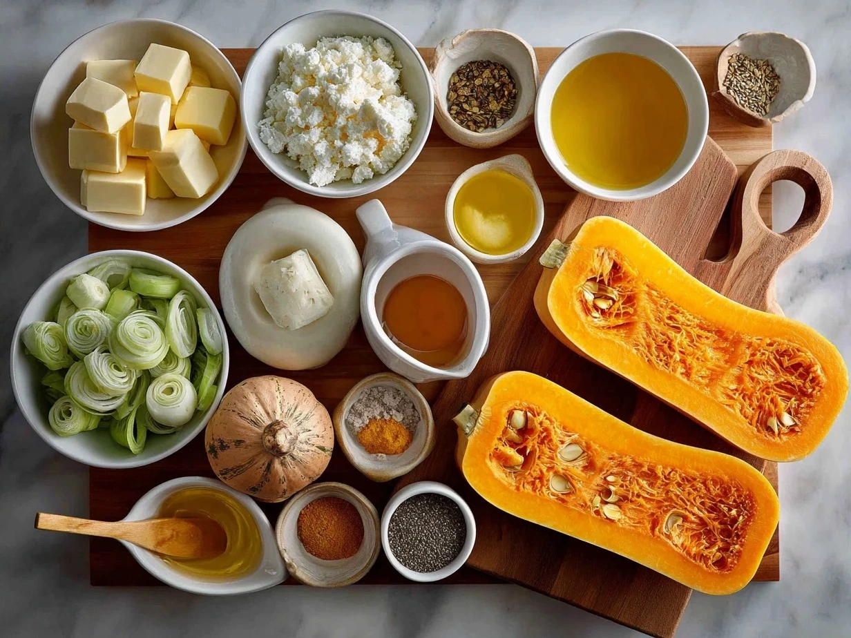 Ingredients for Butternut Squash Lasagna arranged neatly including butternut squash, cheese, noodles, and herbs