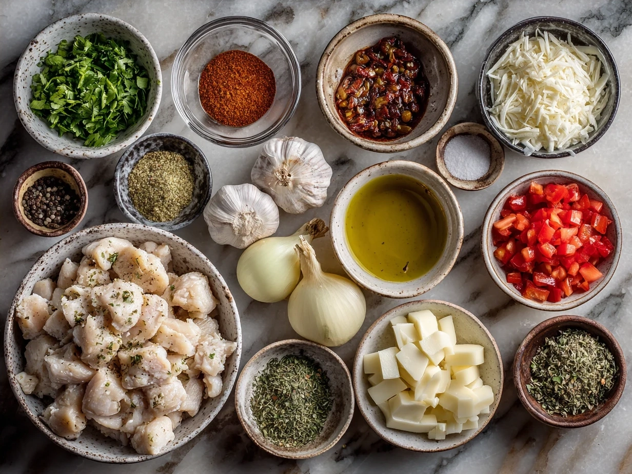 Ingredients for Cajun Chicken Pasta including chicken, pasta, spices, bell peppers, and cream