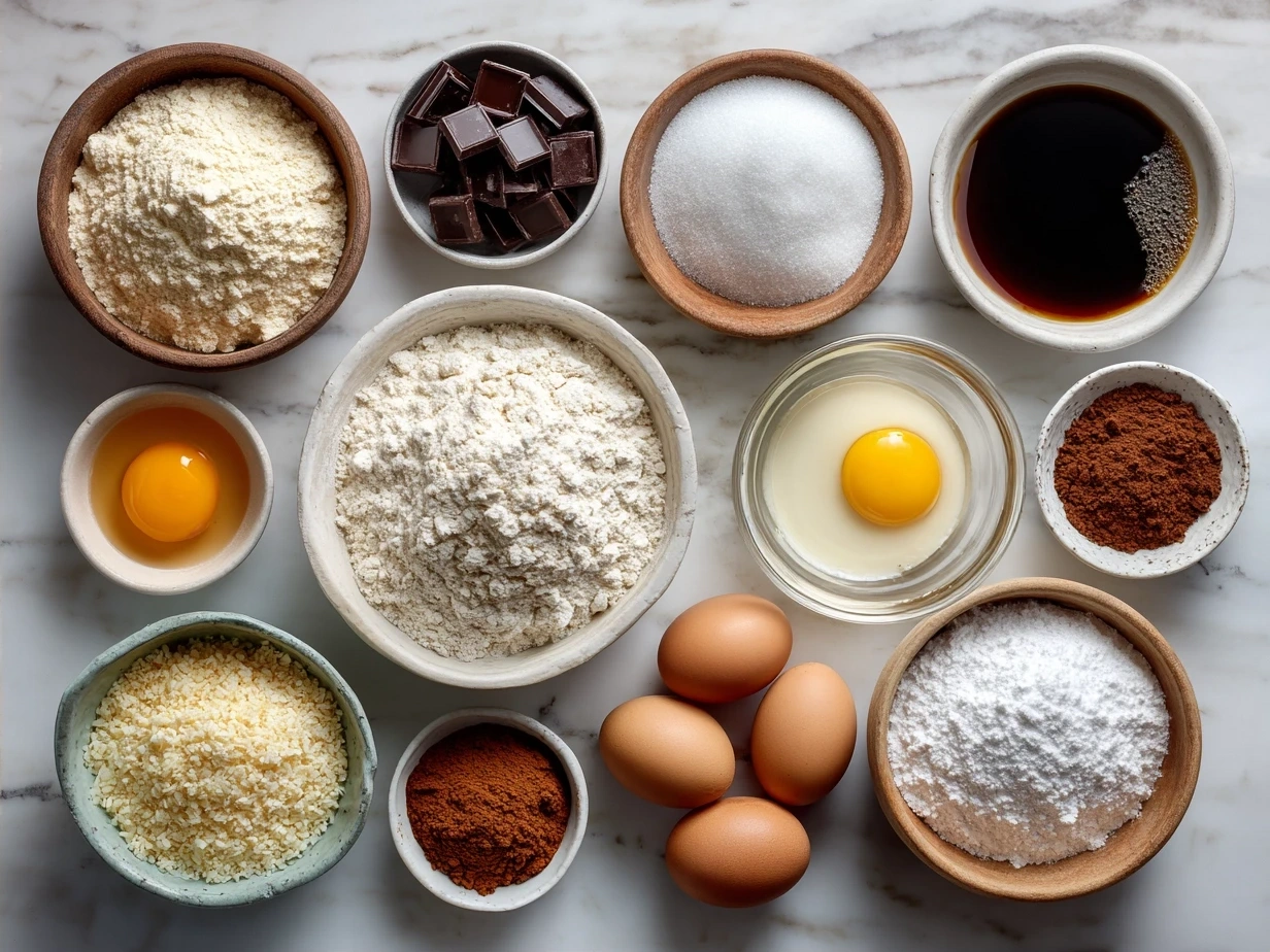 Ingredients for cake mix cookies laid out on a countertop including cake mix, eggs, and mix-ins