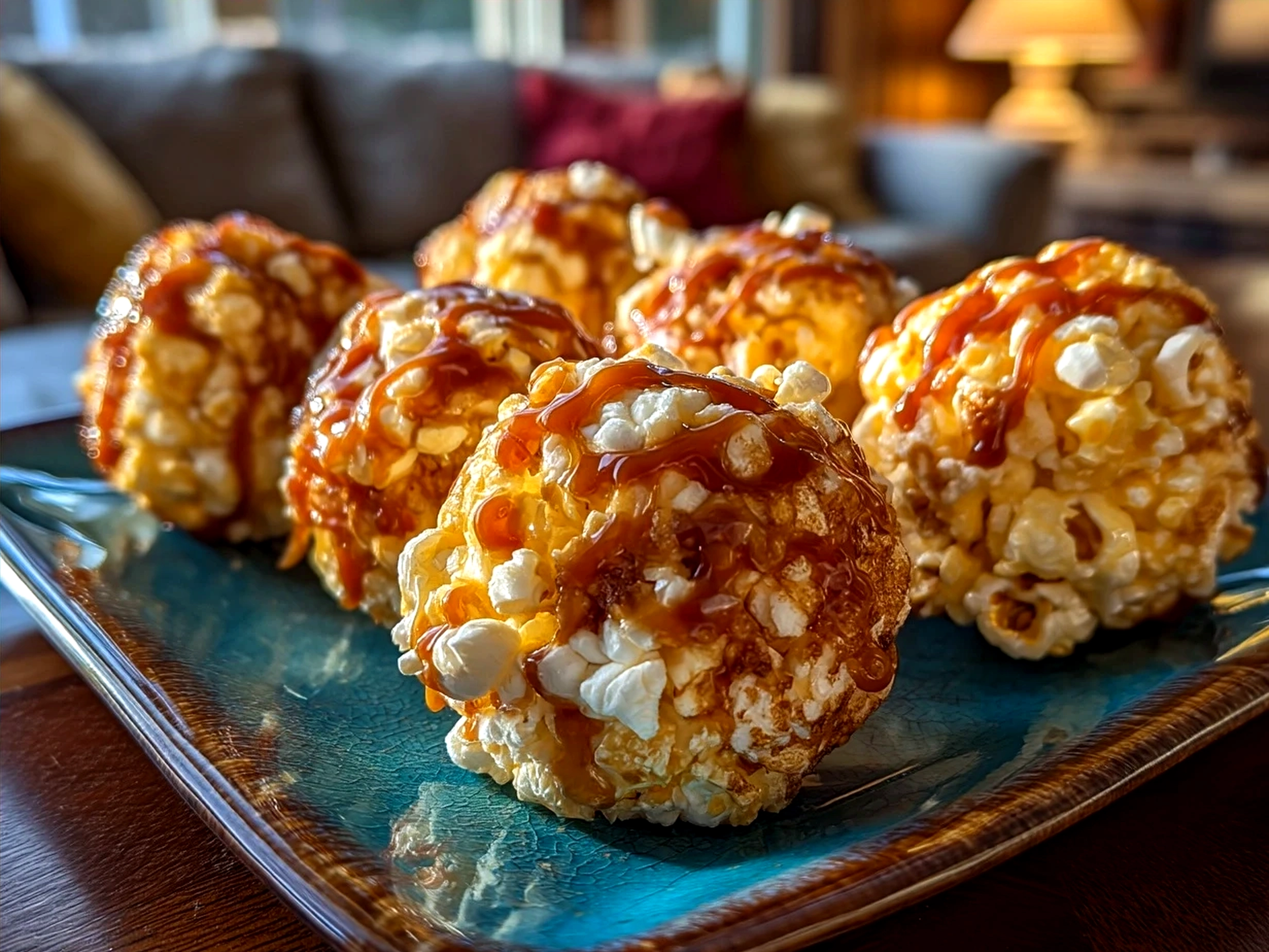 Freshly made Caramel Popcorn Balls ready to serve