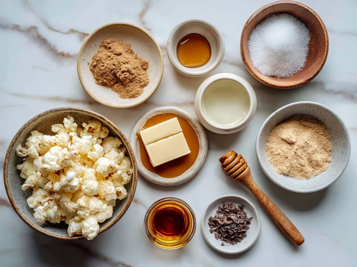 Ingredients for Caramel Popcorn Balls including brown sugar, popcorn and butter