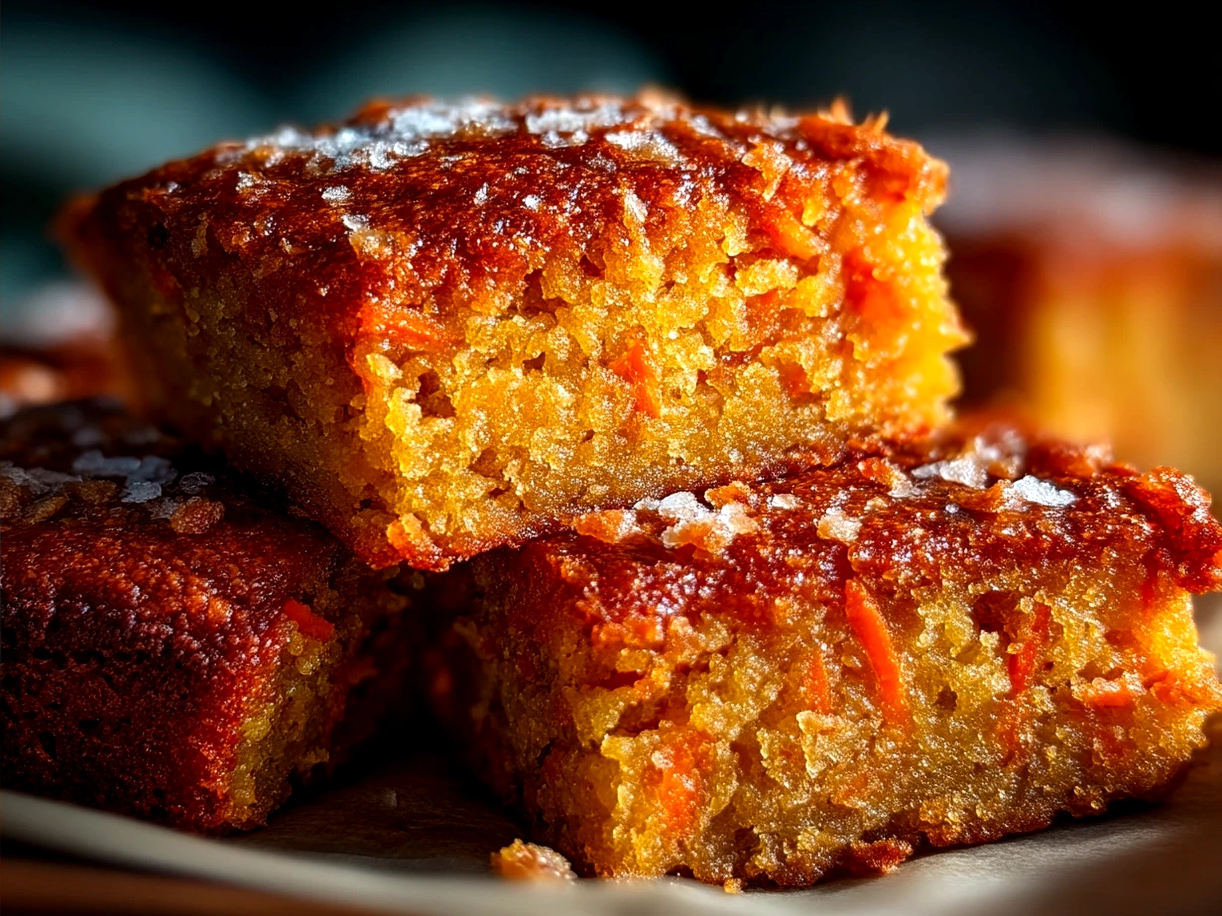 Freshly frosted Carrot Cake Bars served on a plate