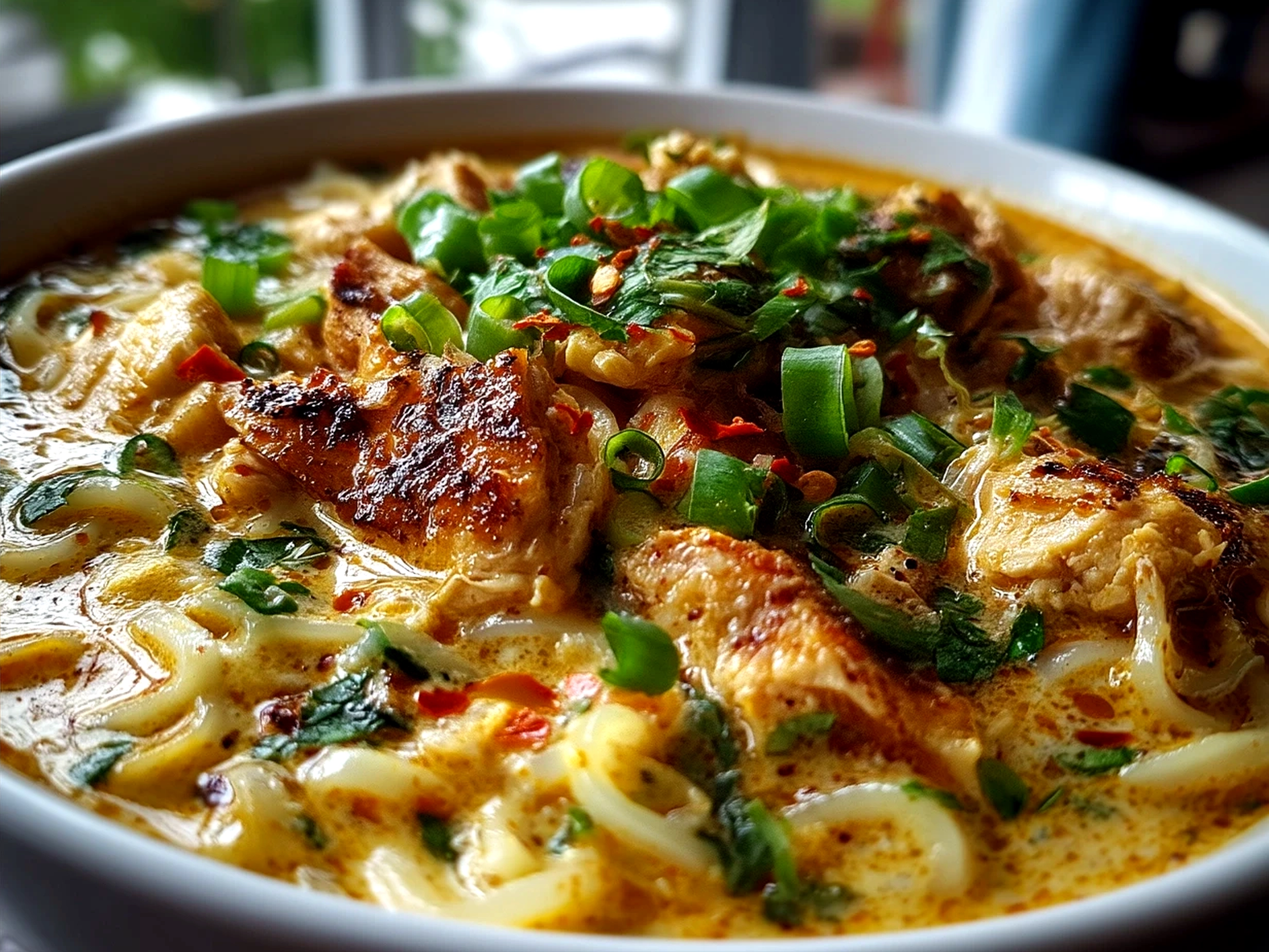 Served bowl of Cheats Chicken Laksa garnished with cilantro and lime wedges, ready to eat