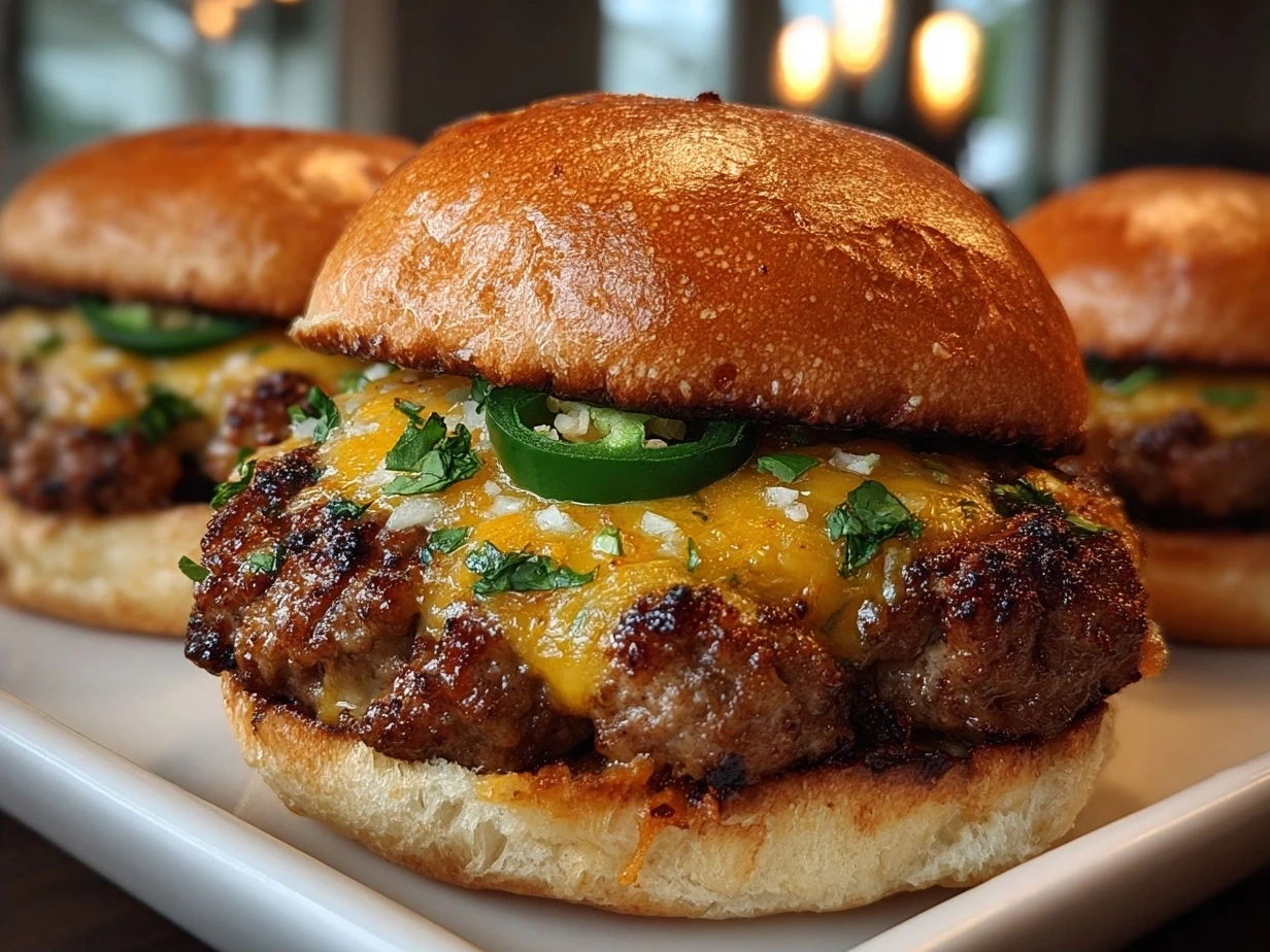 Finished Cheddar Jalapeño Burgers served with buns and toppings