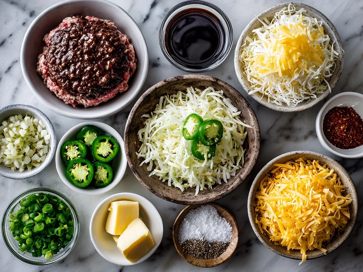 Ingredients for Cheddar Jalapeño Burgers including ground beef, cheddar cheese, and jalapeños