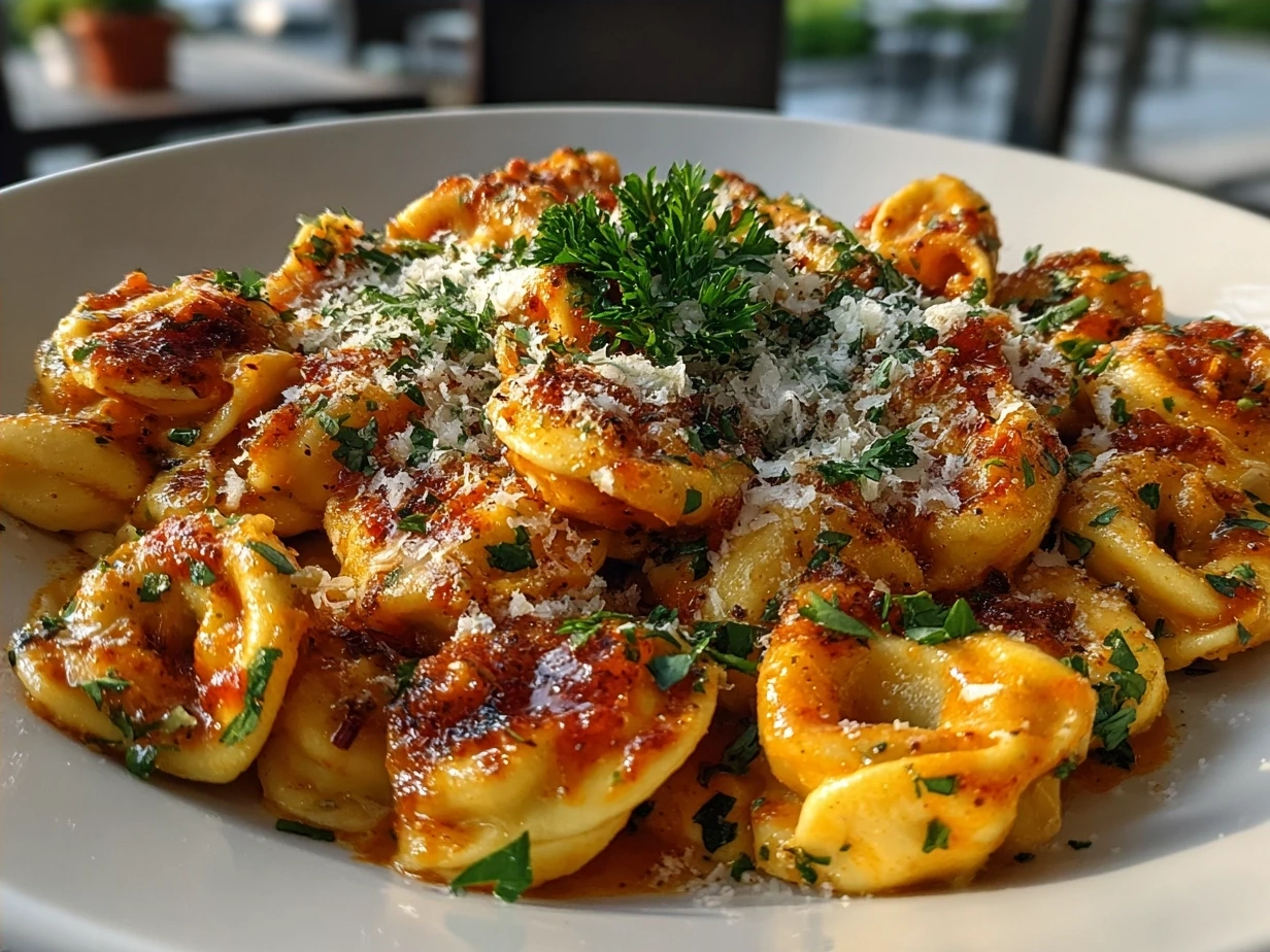 Final serving of Cheese Tortellini in Creamy Marinara garnished with fresh herbs