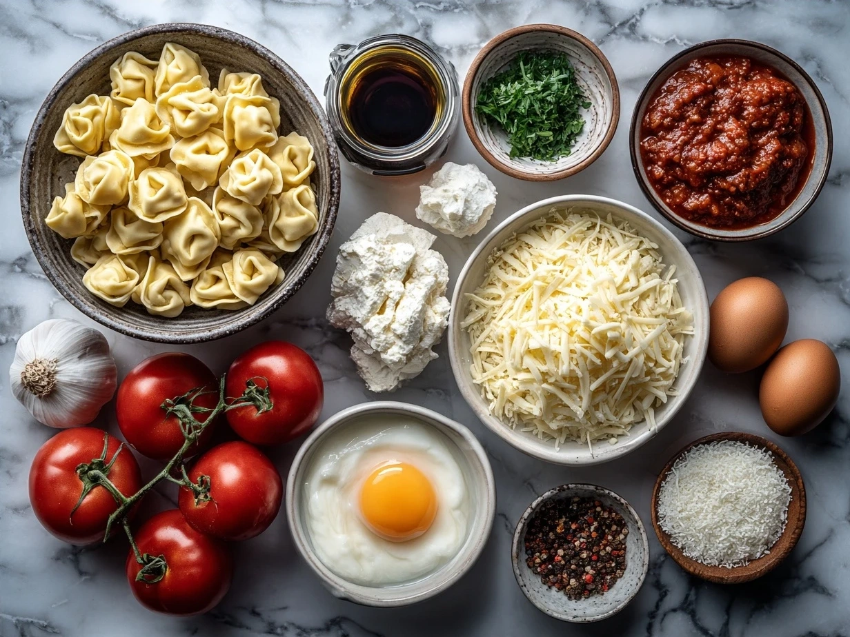 Ingredients for Cheese Tortellini in Creamy Marinara laid out including tortellini, tomatoes, garlic, and Parmesan cheese