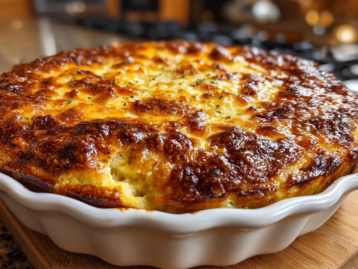 Cheesy Breakfast Casserole served with fresh fruit and greens on the side