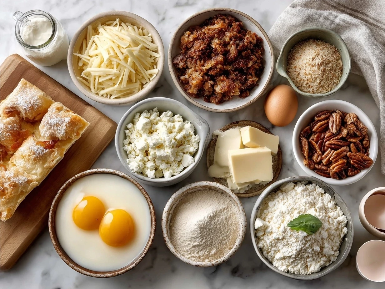 Ingredients for Cheesy Breakfast Casserole including eggs, cheese, hashbrowns, and ham