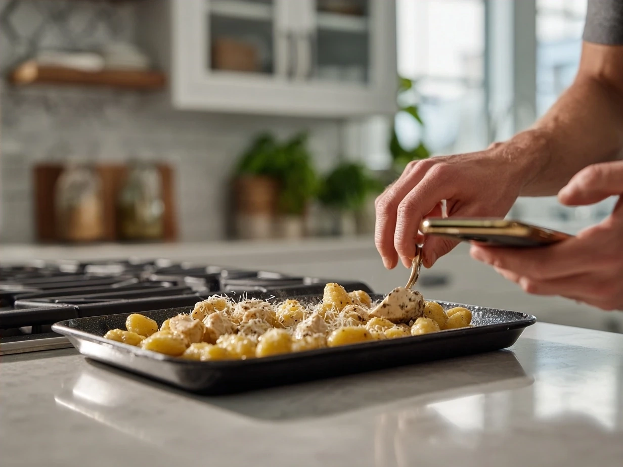 A warm serving of Chicken Alfredo Gnocchi garnished with fresh herbs