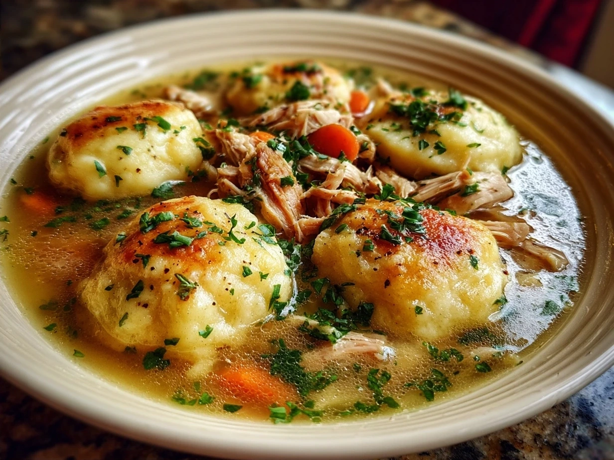 Bowl of creamy Chicken and Dumplings garnished with fresh parsley, served on a table