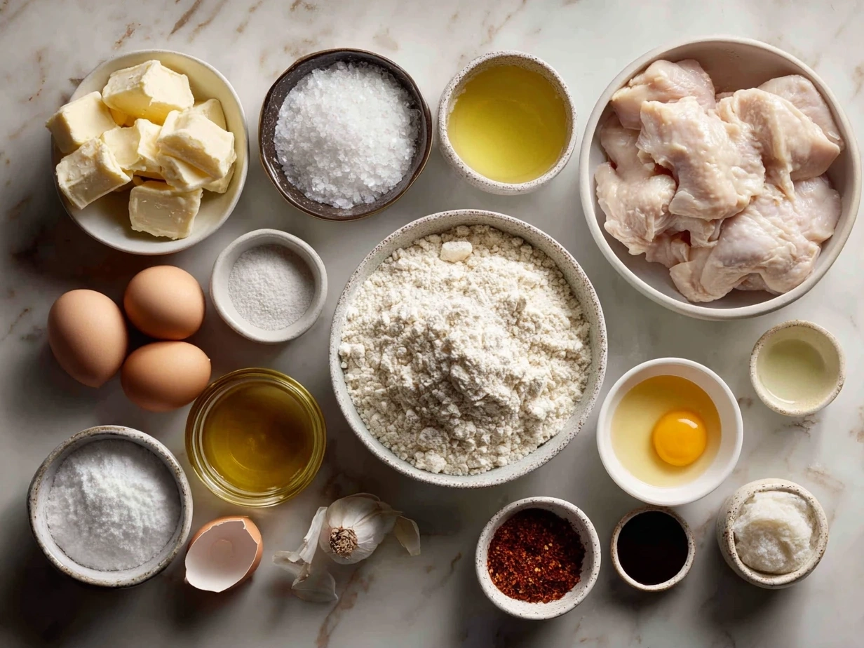 Ingredients for Chicken and Dumplings spread on a kitchen counter