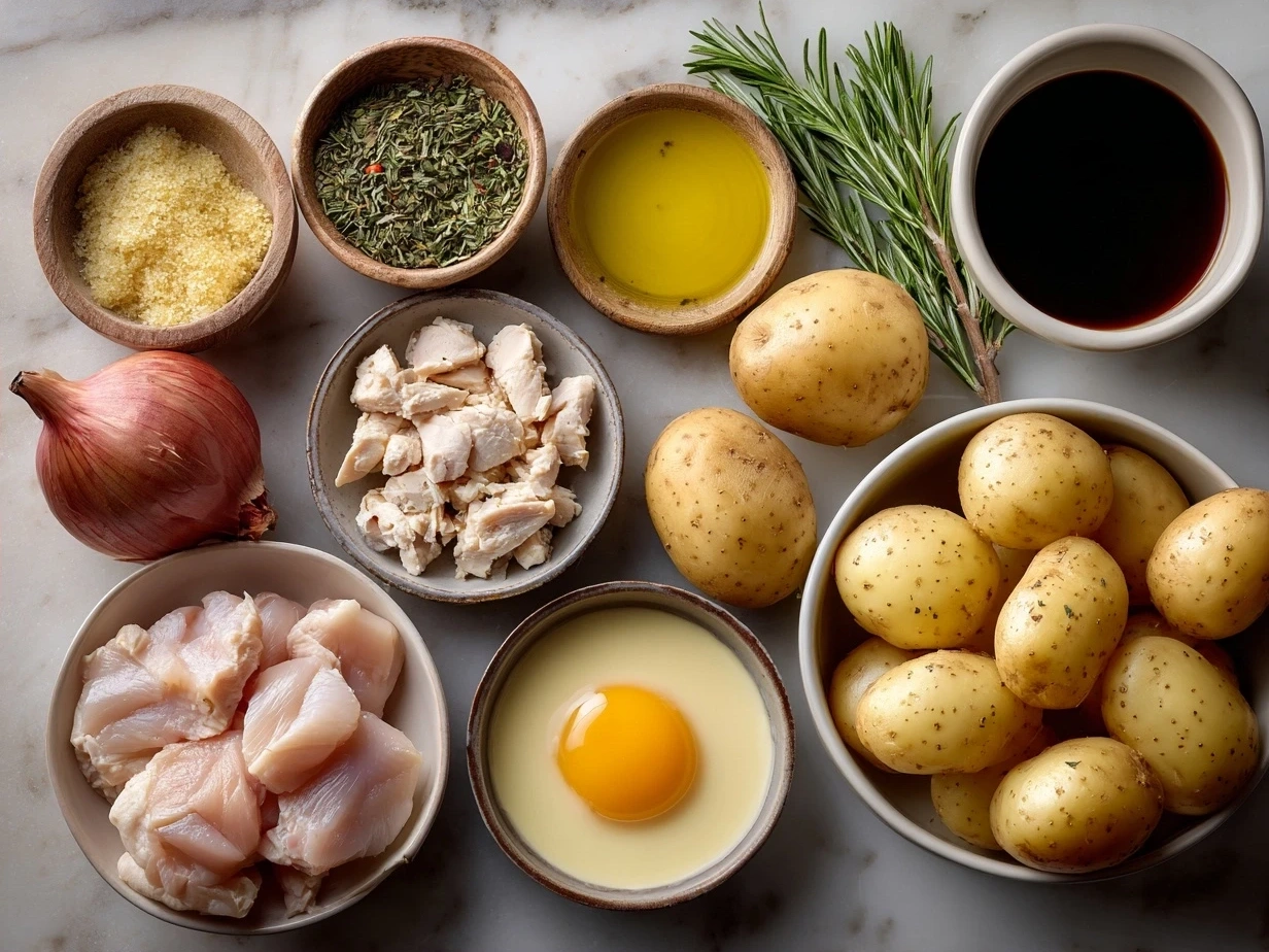 Ingredients for Chicken and Potatoes Dijon Sauce recipe including chicken, potatoes, Dijon mustard, garlic, and herbs