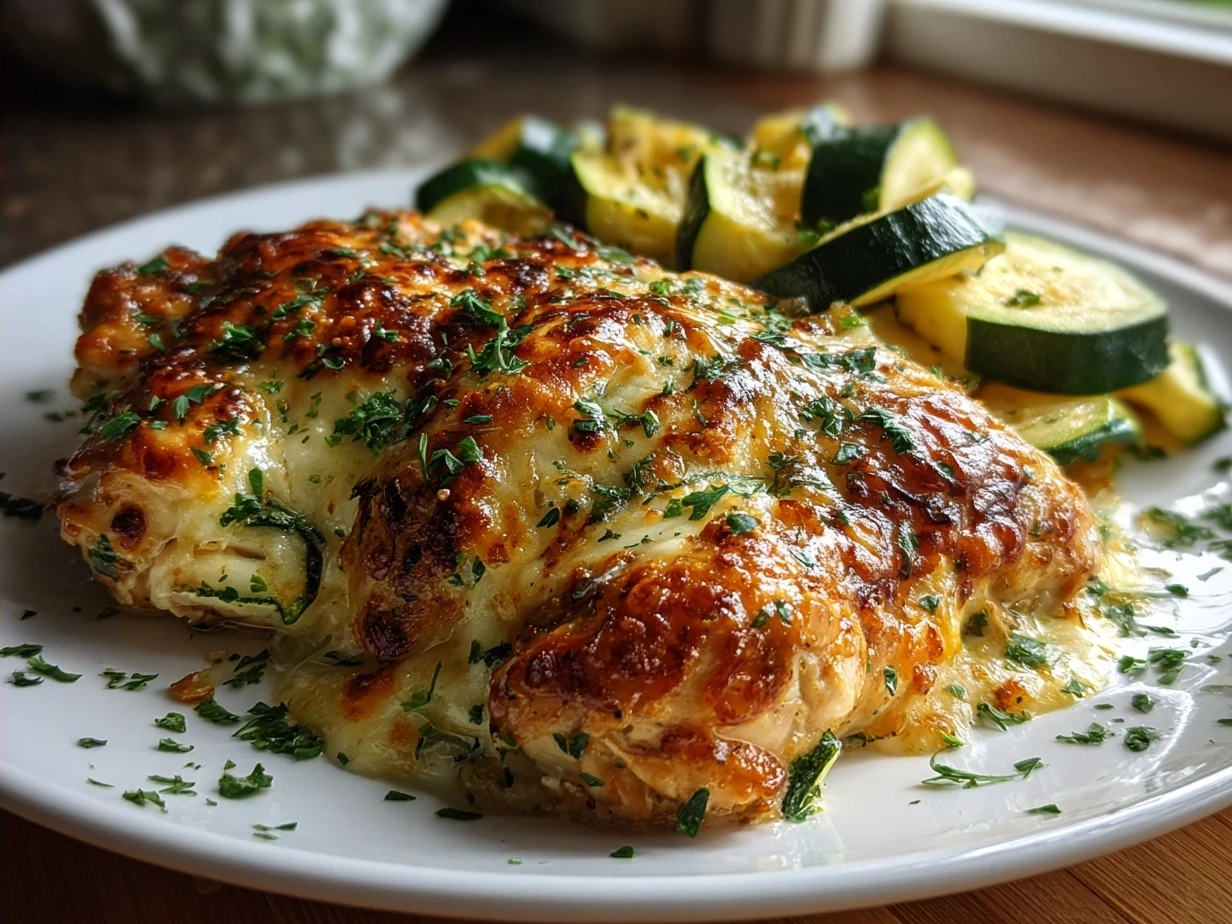 Served chicken and zucchini bake on a plate with green salad