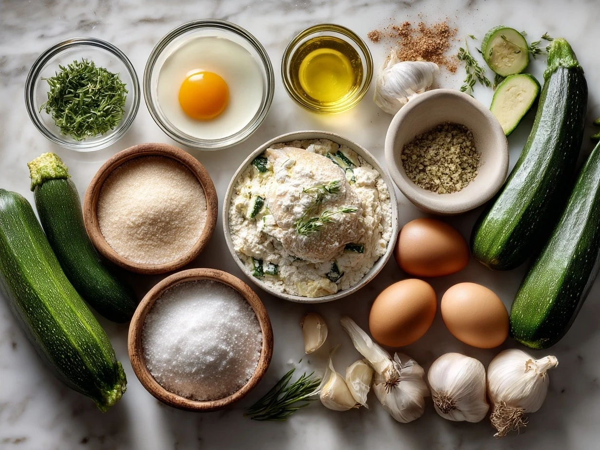 Ingredients for chicken and zucchini bake laid out on a kitchen counter