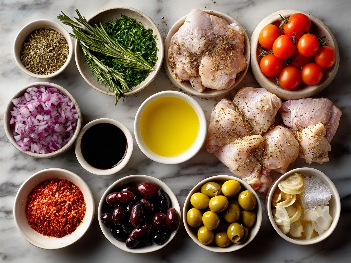 Ingredients for Chicken Cacciatore including chicken thighs, vegetables, and spices