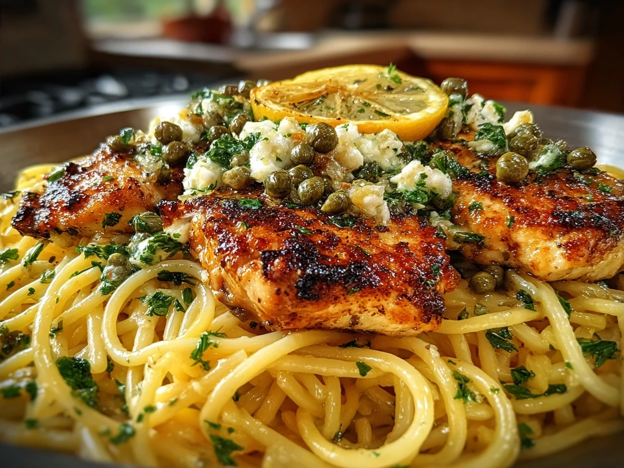 Served Chicken Piccata Pasta garnished with fresh parsley and lemon butter sauce