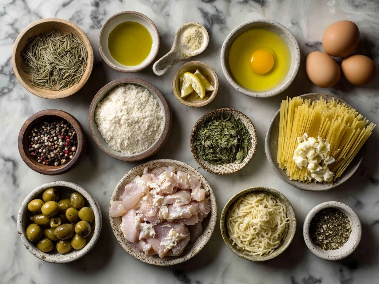 Ingredients for Chicken Piccata Pasta including chicken breasts, pasta, olive oil, garlic, lemon juice, chicken broth, capers, butter, and parsley