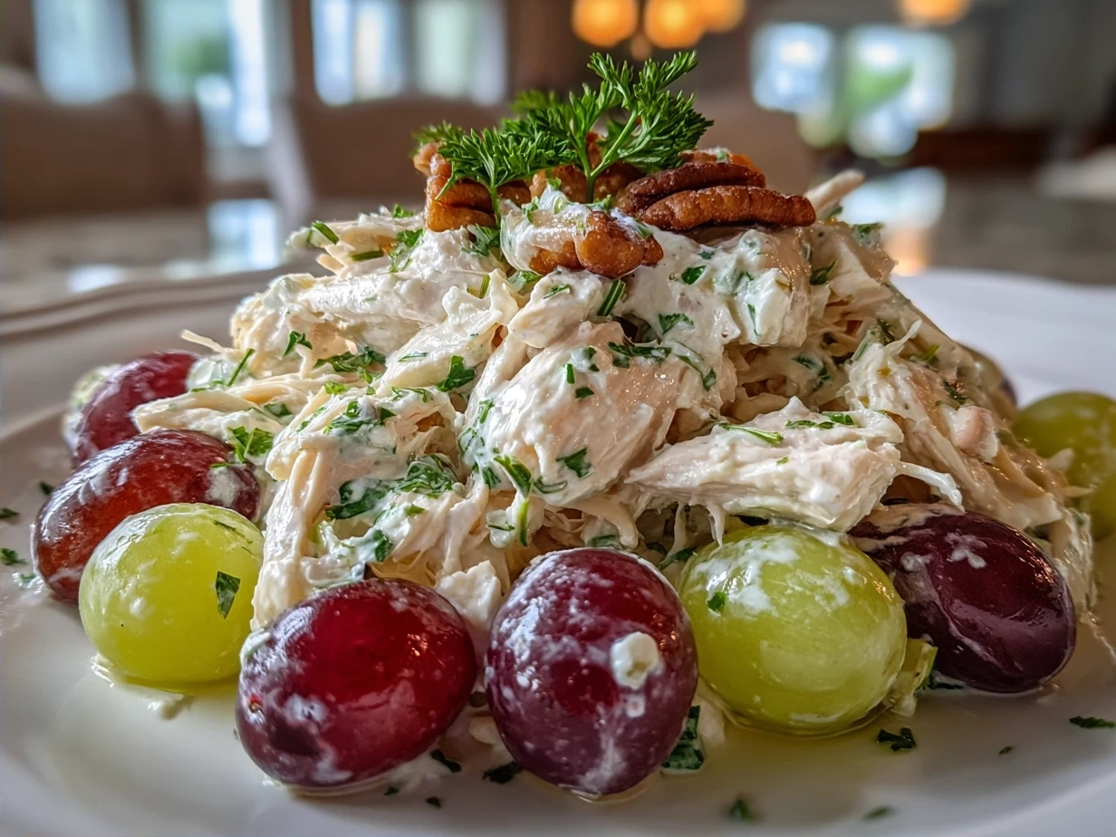 Serving bowl of creamy Chicken Salad Chick Grape Salad garnished with grapes and nuts