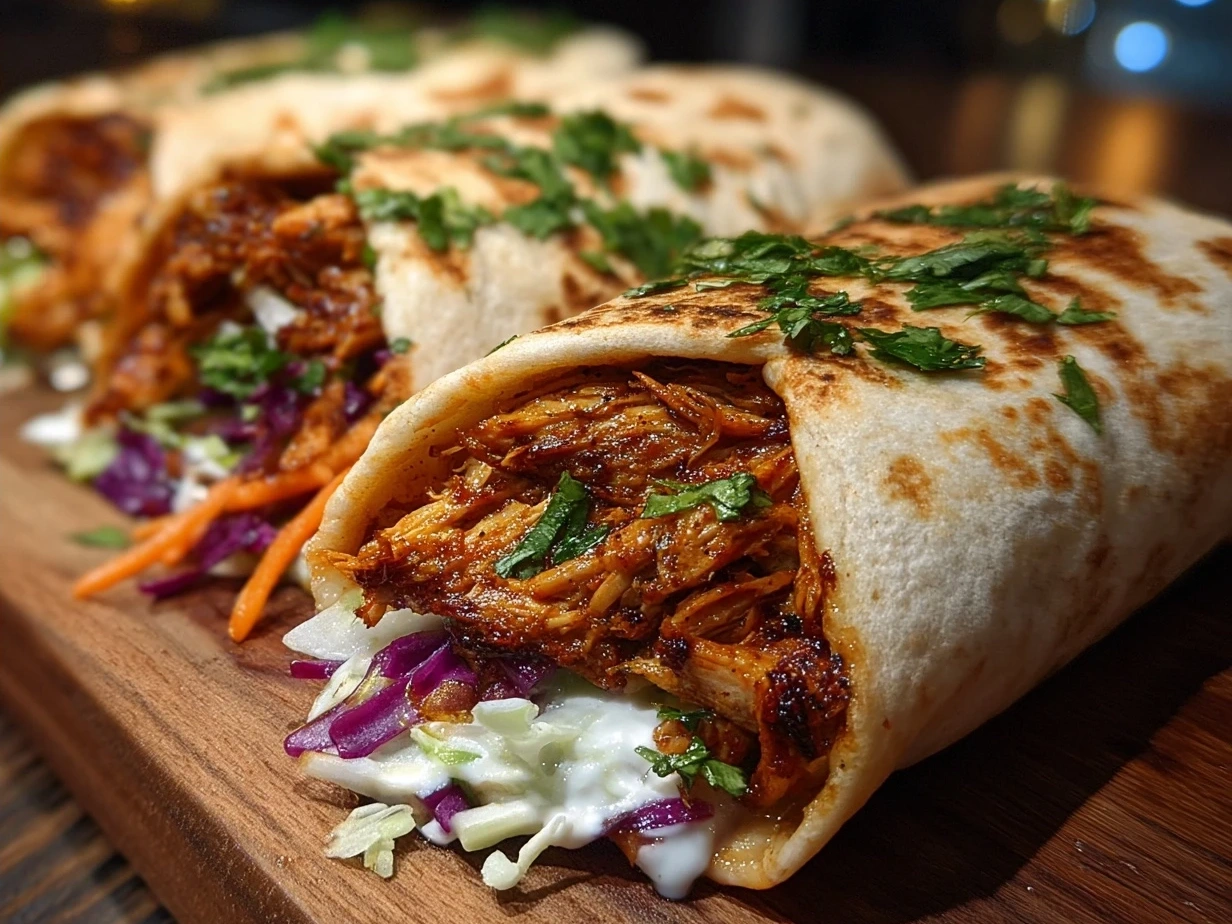 Final plated chicken shawarma dish with pita, salad, and sauce