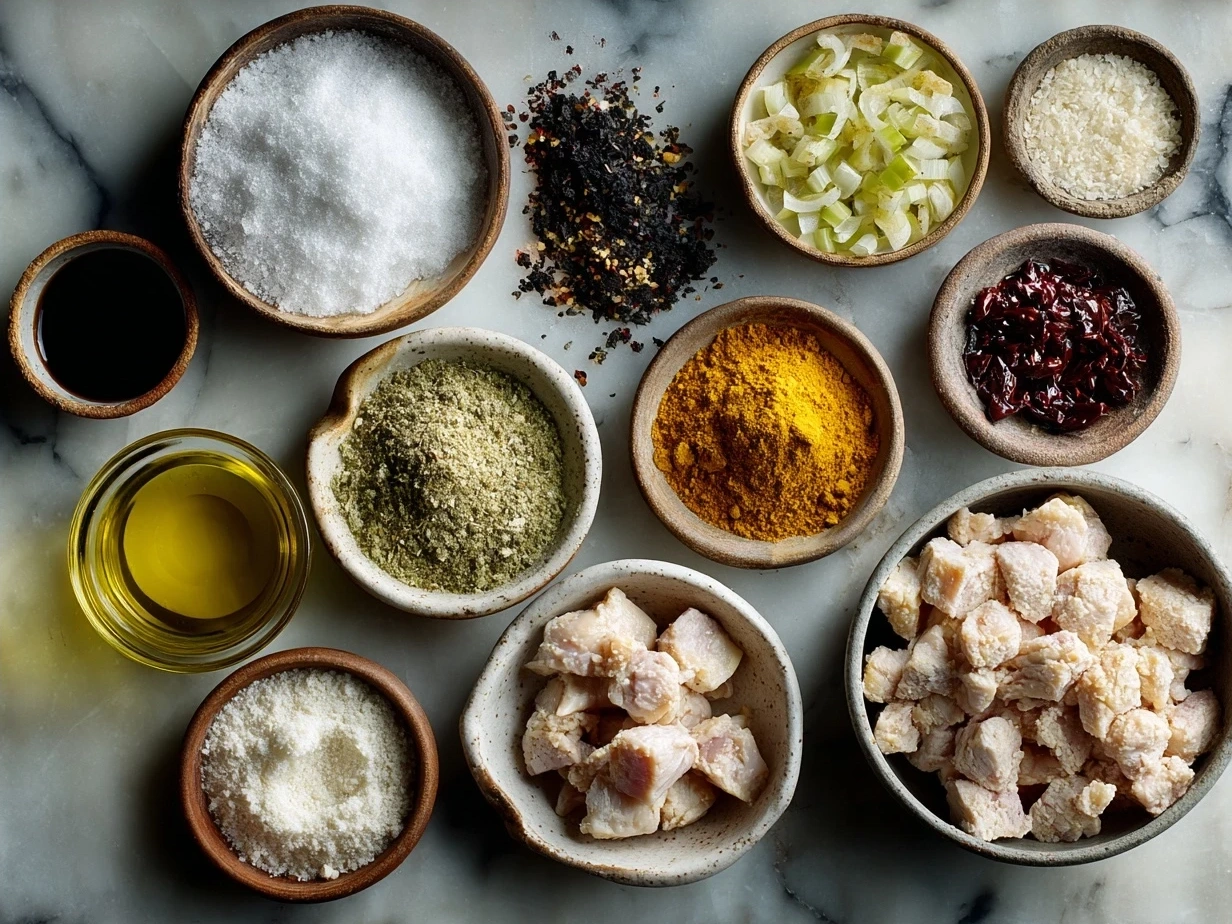 Ingredients for chicken shawarma recipe laid out with spices and chicken thighs