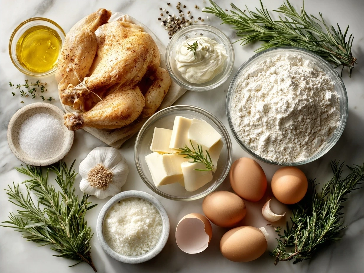 Ingredients for Chicken with Boursin Sauce laid out on a kitchen counter