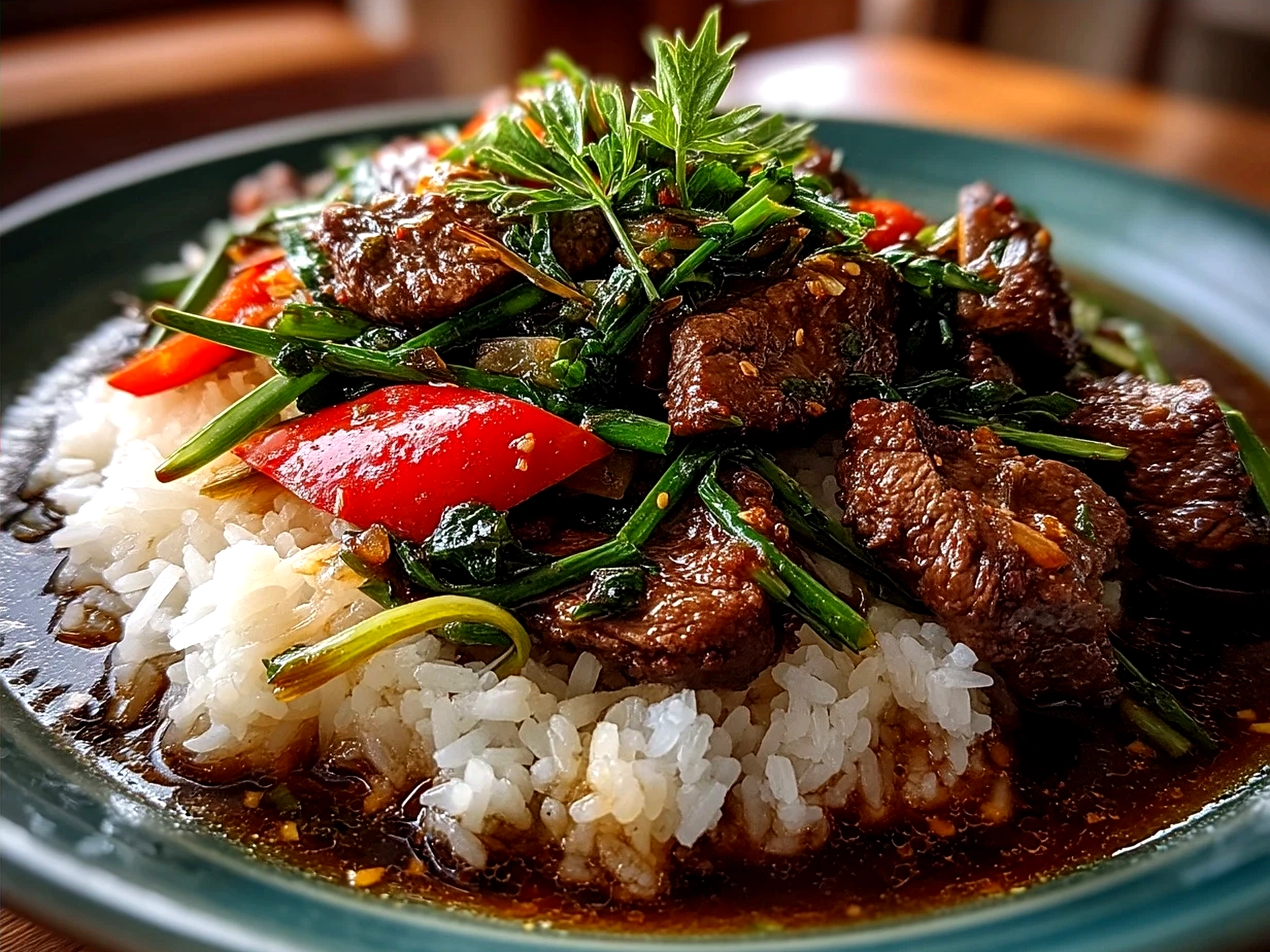 Chinese Pepper Steak served with steamed rice and colorful bell peppers