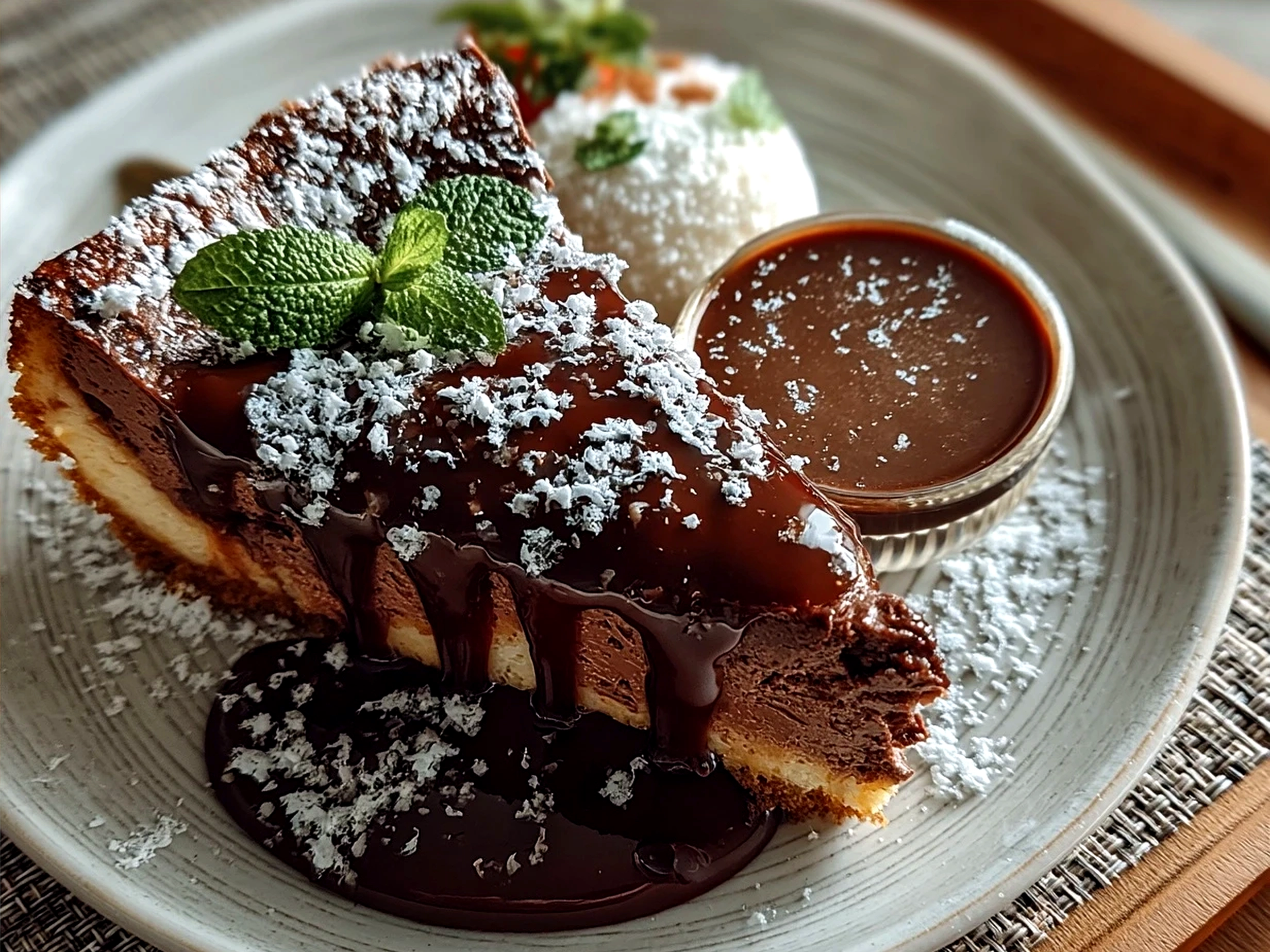 A delicious slice of chocolate cheesecake topped with whipped cream and chocolate shavings served on a white plate