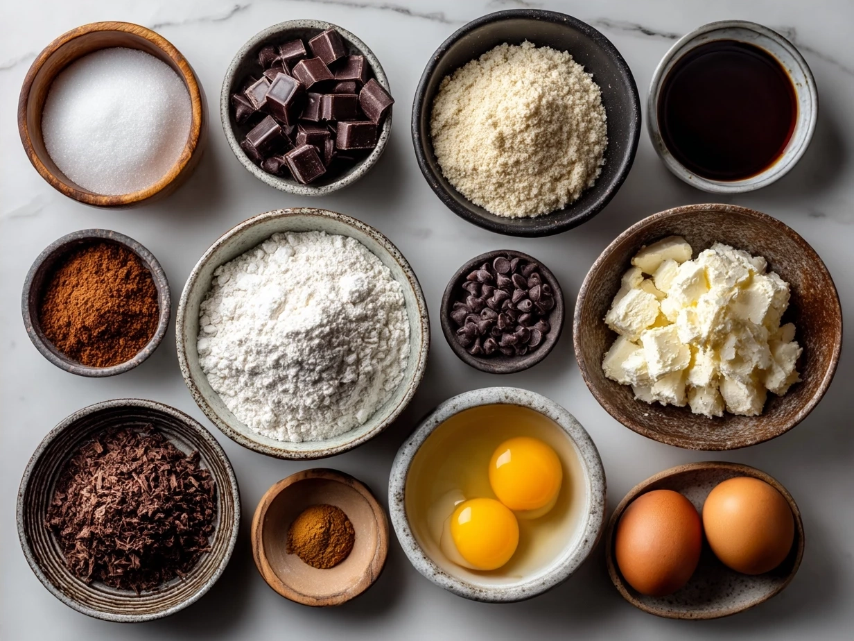 Ingredients for homemade chocolate chip cookies including flour, sugar, butter, eggs, vanilla, and chocolate chunks