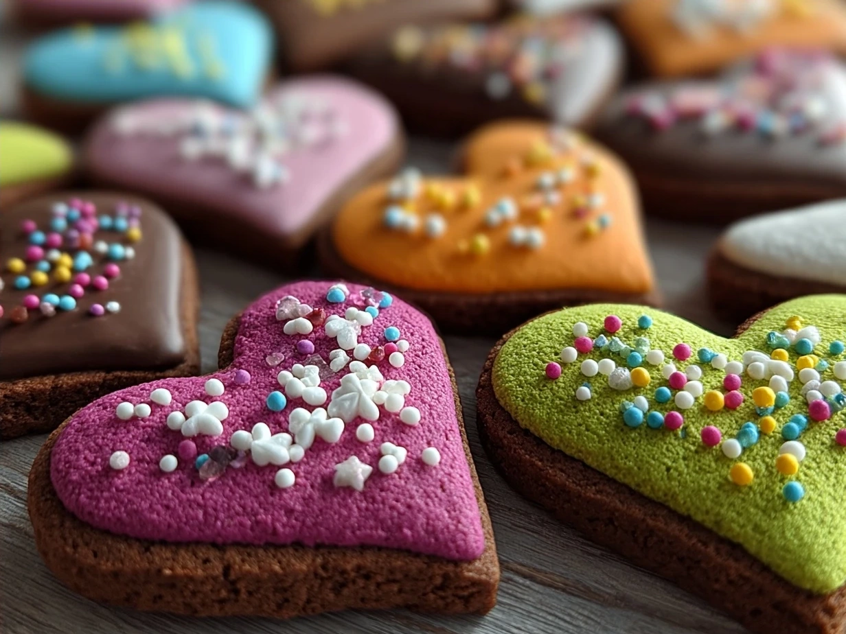 Freshly baked Chocolate Cut-Out Heart Cookies arranged for serving