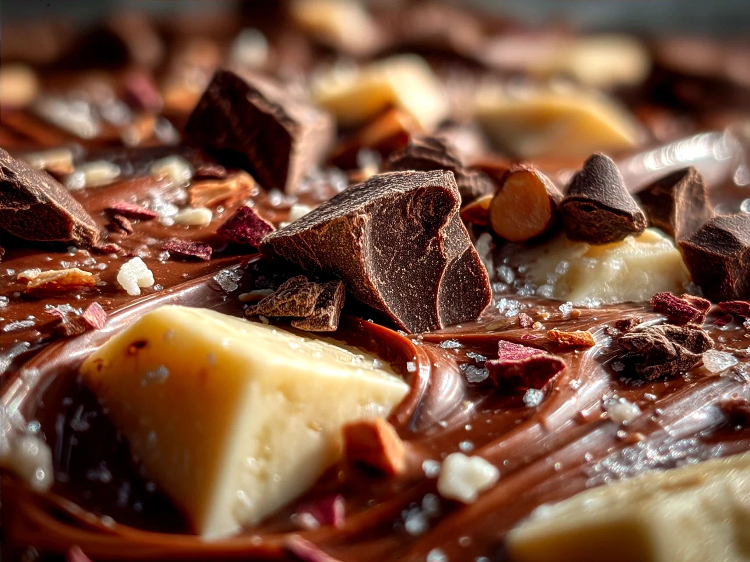 Pieces of Chocolate Greek Yogurt Bark served on a plate with nuts and berries