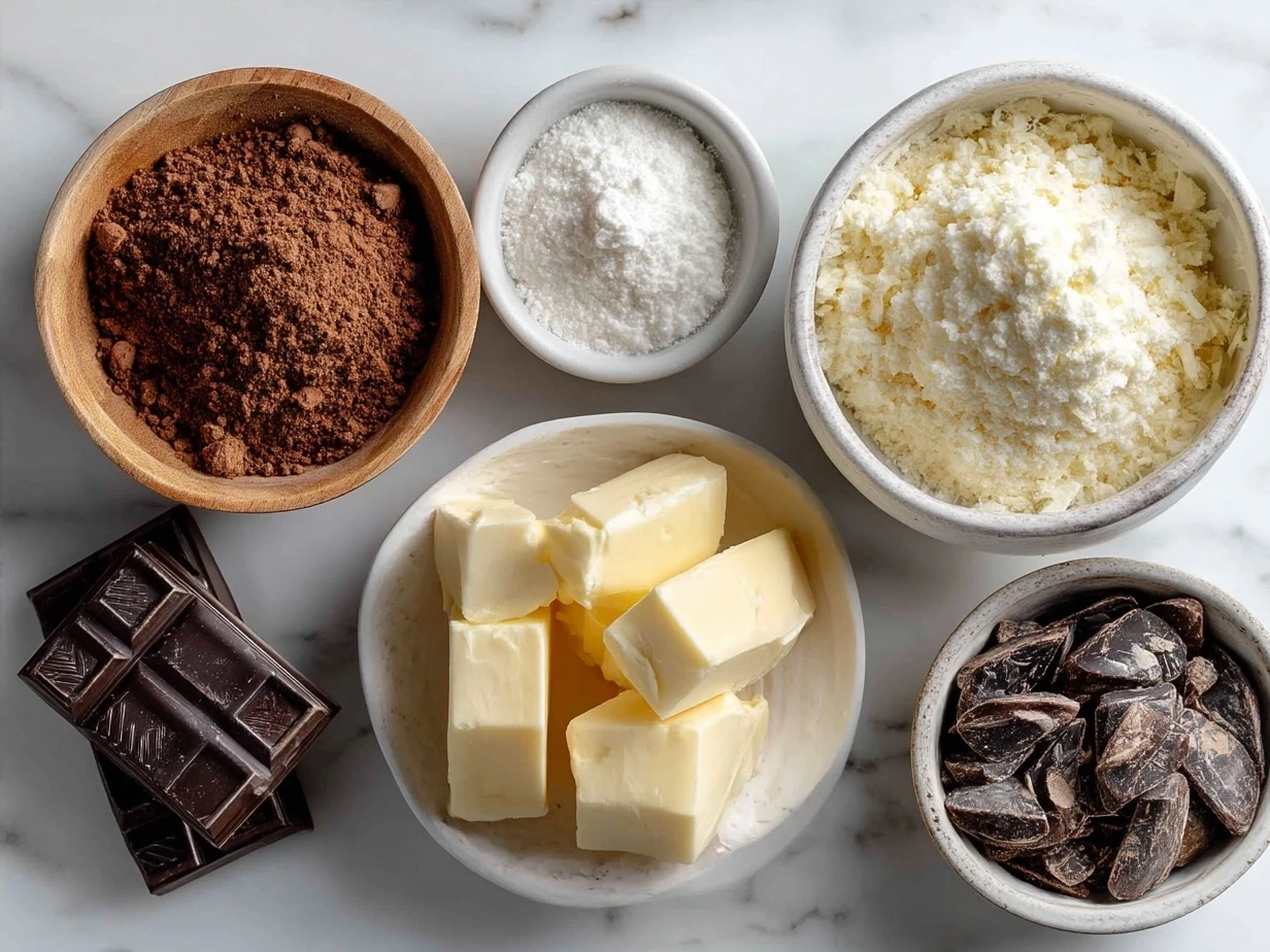 Ingredients for Chocolate Greek Yogurt Bark including Greek yogurt, cocoa powder, honey, vanilla, and chocolate chips
