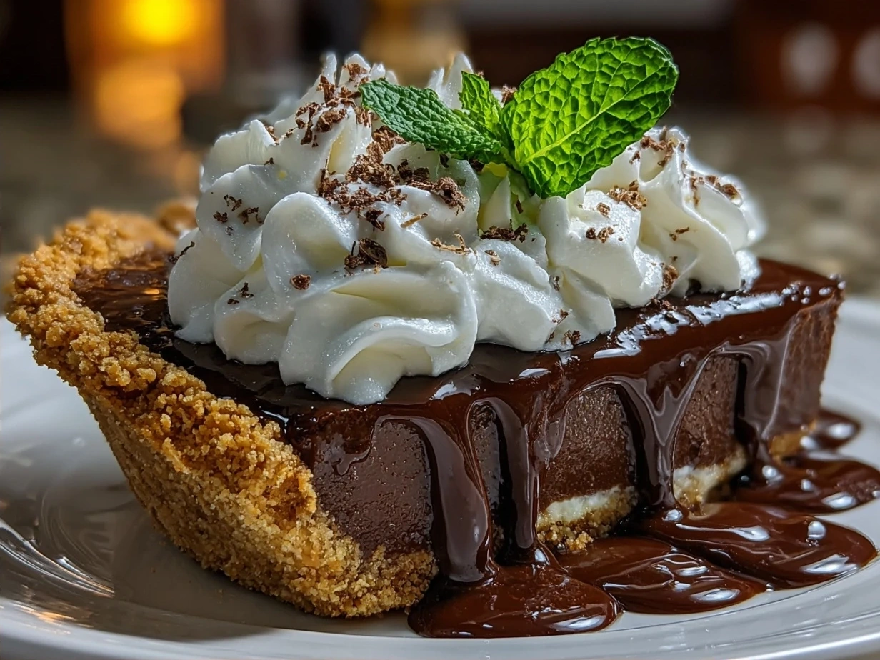 A slice of Chocolate Mint Pie garnished with whipped cream and mint leaves