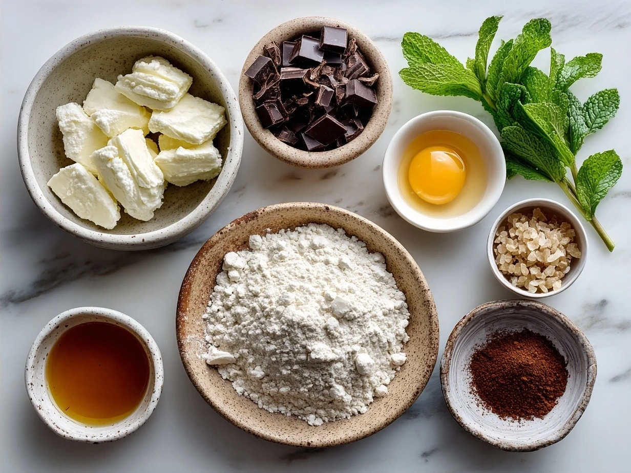 Ingredients for Chocolate Mint Pie including cookie crumbs, cream cheese, chocolate chips, peppermint extract, and heavy cream