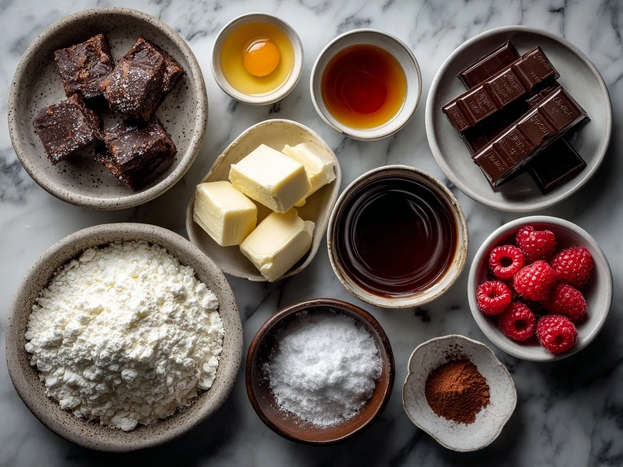 Ingredients for Chocolate Raspberry Cake including flour, sugar, cocoa powder, raspberries, eggs, and chocolate