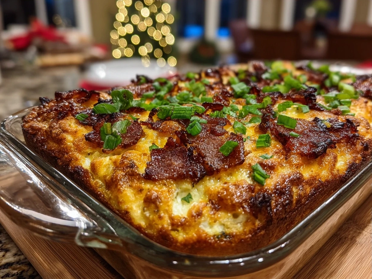 Christmas Breakfast Casserole served on a festive brunch table with sides
