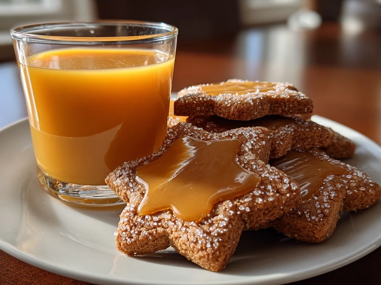 Finished Christmas Cookies with Orange Juice on a festive plate