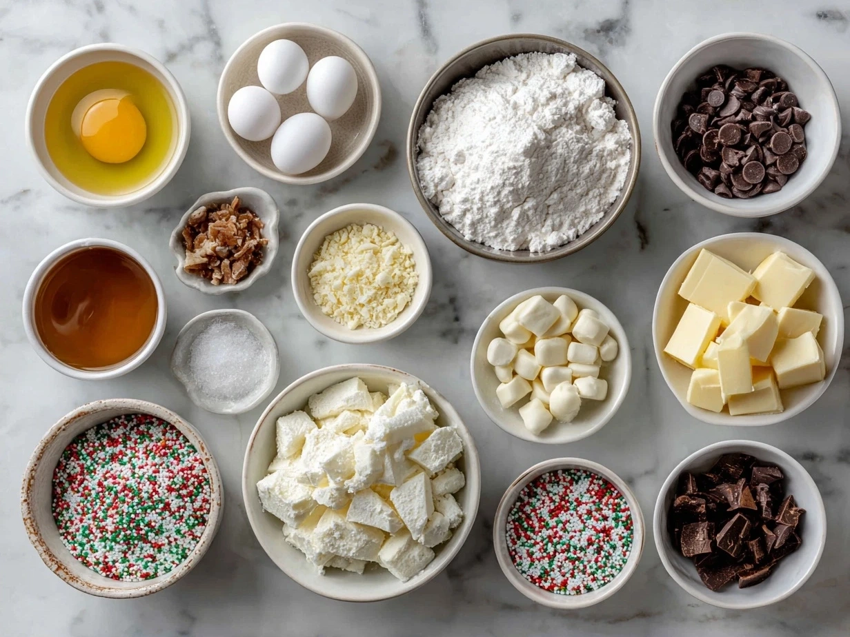 Ingredients for Christmas Cracker Candy including crackers, butter, sugar, chocolate chips, nuts, vanilla, and sea salt flakes