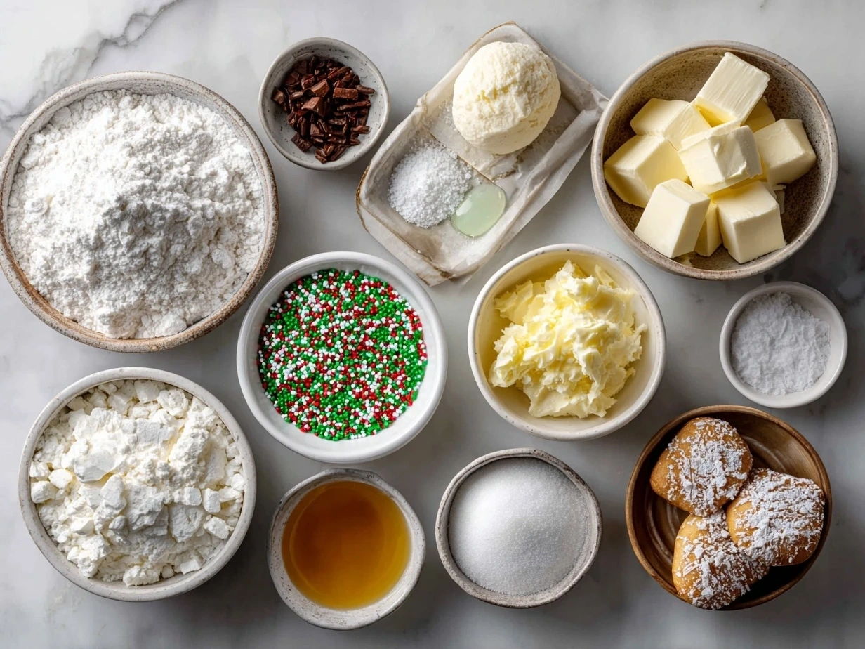 Ingredients for Christmas Lights Cookies including flour, butter, sugar, egg, vanilla, and colored icing
