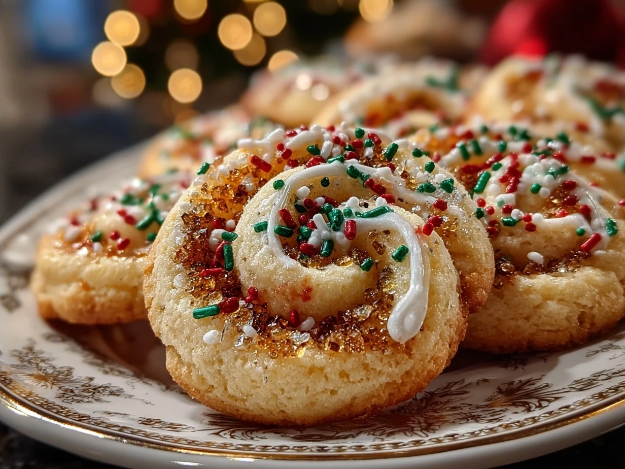 Finished Christmas Pinwheel Cookies arranged on a holiday platter with red and green swirls