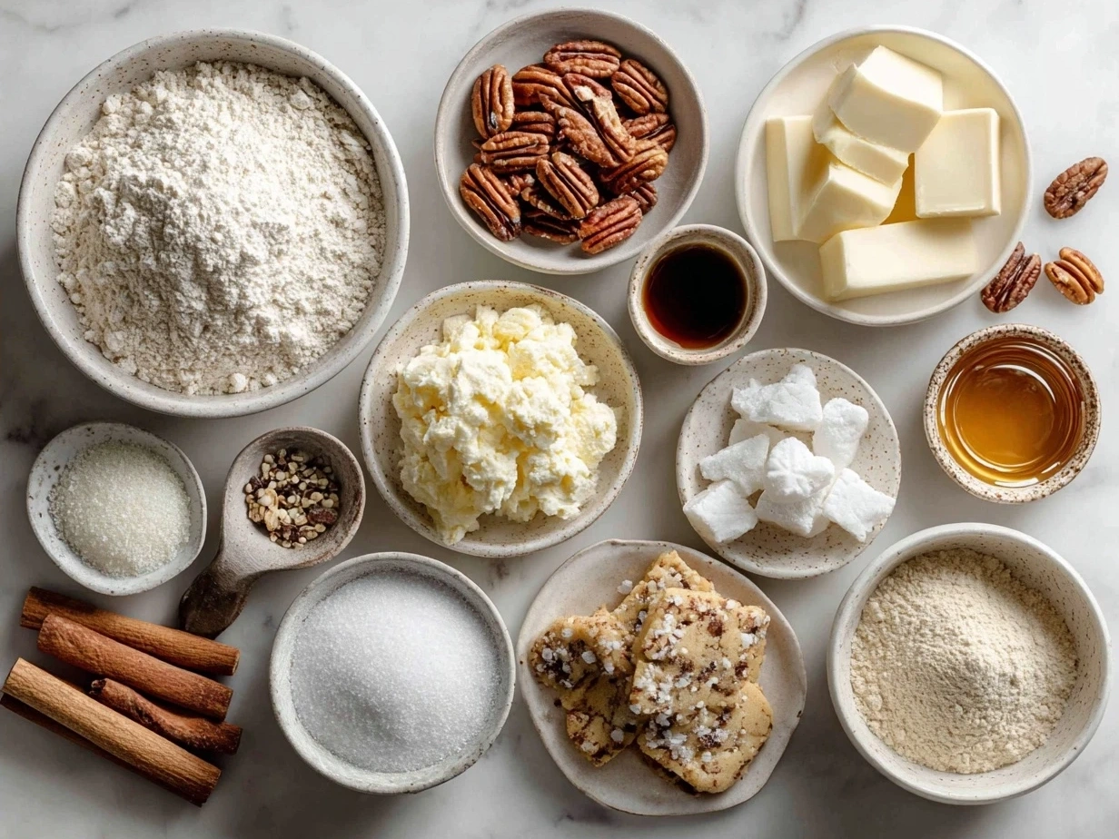 Ingredients for Christmas Pinwheel Cookies including flour, butter, cream cheese, sugar, eggs, vanilla extract and food coloring