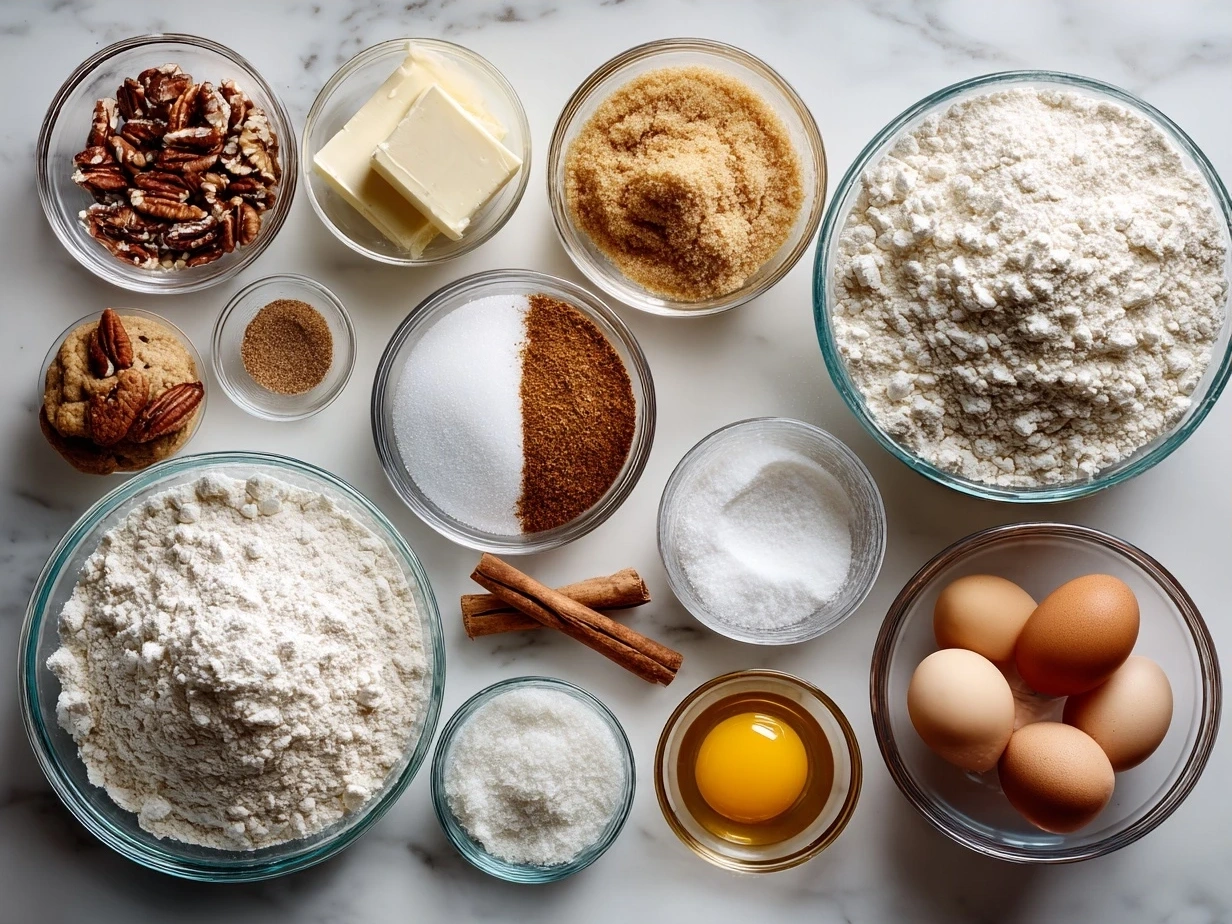 Ingredients for Christmas Sugar Cookie Pie including flour, butter, sugar, egg, sour cream, and festive sprinkles