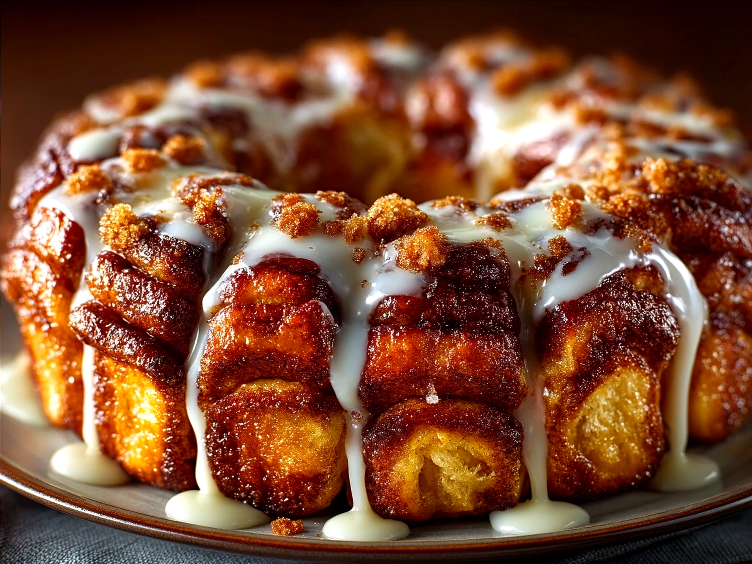 Freshly baked Cinnamon Roll Pull-Apart Wreath served on a plate